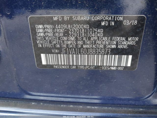 JF1VA1L60J8835873 Subaru Wrx Limited