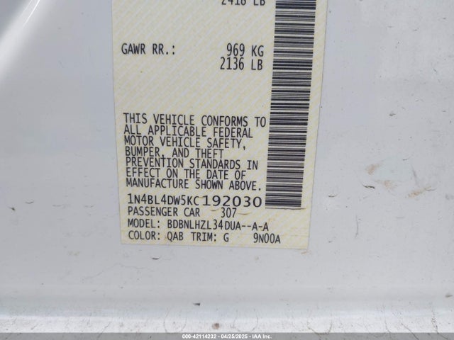 Nissan Altima 2.5 Sv 2019 1N4BL4DW5KC192030 Image 9