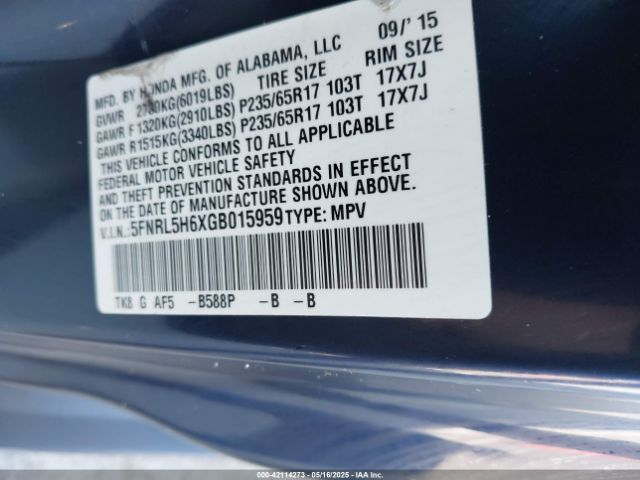 5FNRL5H6XGB015959 Honda Odyssey Ex-l