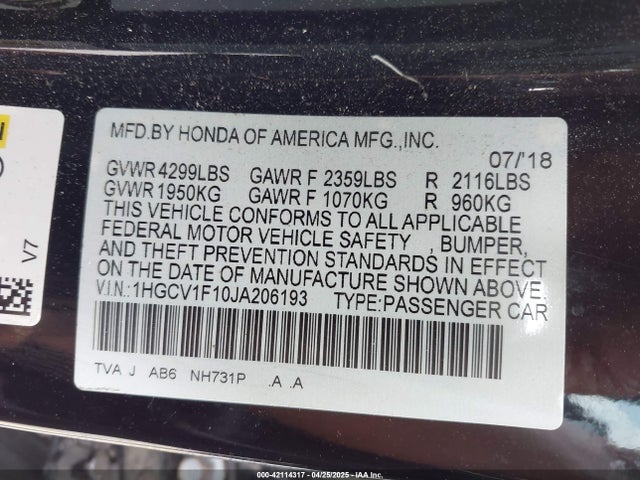 1HGCV1F10JA206193 Honda ACCORD LX