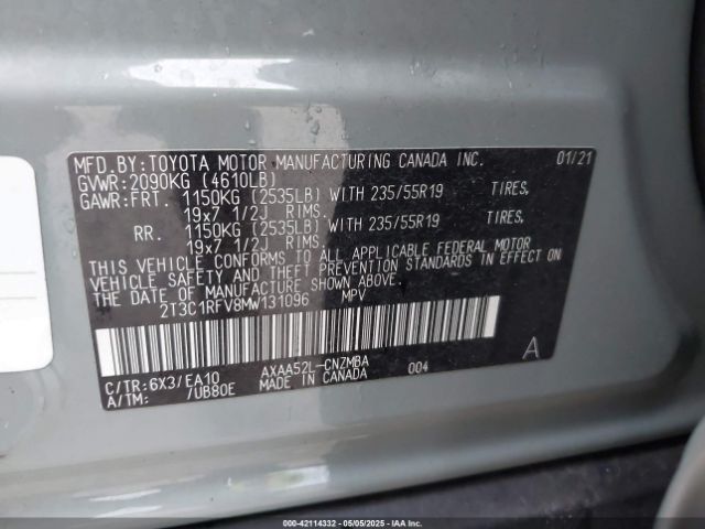 2T3C1RFV8MW131096 Toyota Rav4 Xle Premium