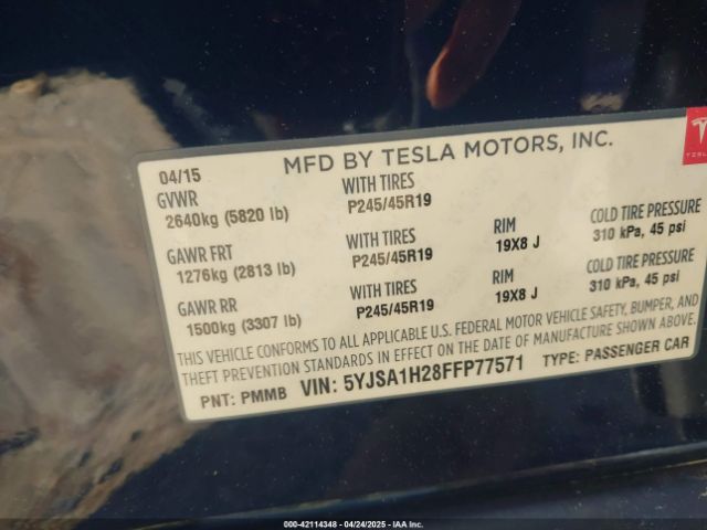 2015 TESLA MODEL S 5YJSA1H28FFP77571 Photo 8