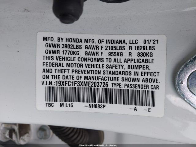 2021 HONDA CIVIC 19XFC1F3XME203726 Photo 8