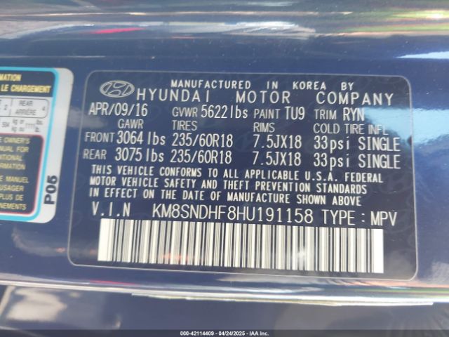 KM8SNDHF8HU191158 Hyundai Santa Fe Limited