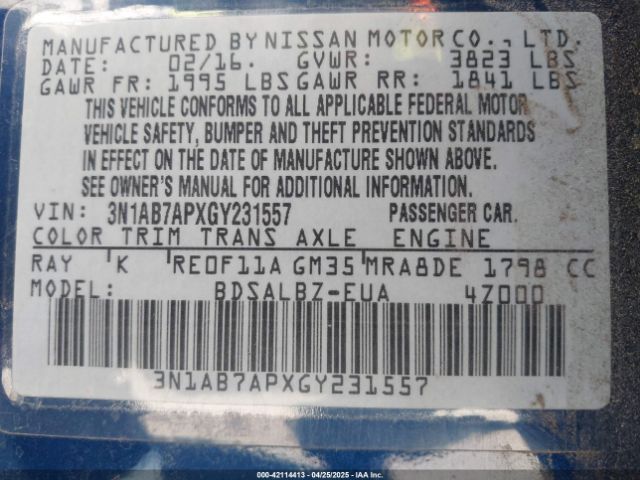 3N1AB7APXGY231557 Nissan SENTRA S