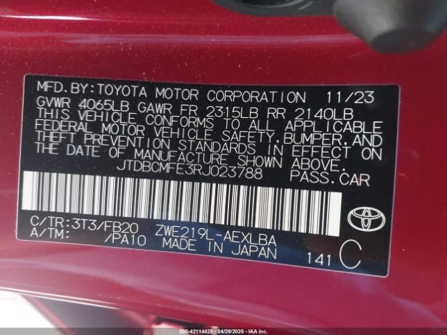 JTDBCMFE3RJ023788 Toyota Corolla Hybrid Le