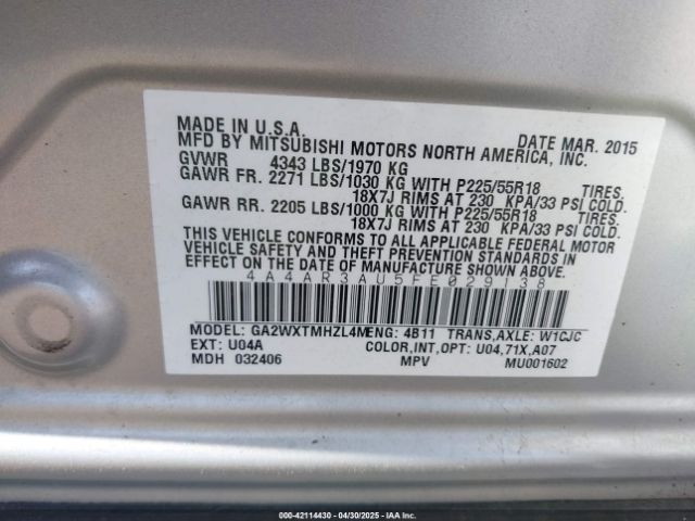 4A4AR3AU5FE029138 Mitsubishi Outlander Sport Es