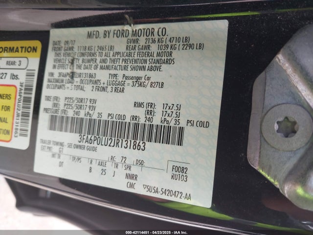 3FA6P0LU2JR131863 Ford Fusion Hybrid Se