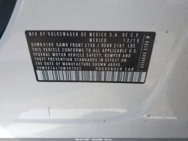 3VW267AJ1GM307933 Volkswagen Jetta 1.4t S
