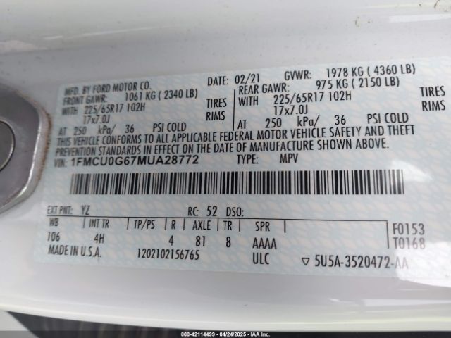 2021 FORD ESCAPE 1FMCU0G67MUA28772 Photo 8