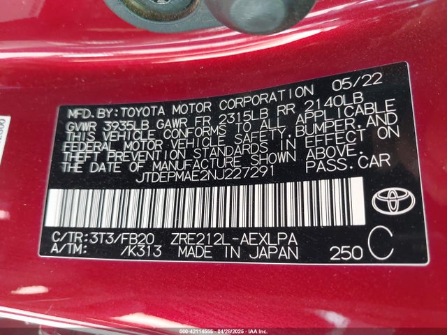 JTDEPMAE2NJ227291 Toyota 2zr-fae