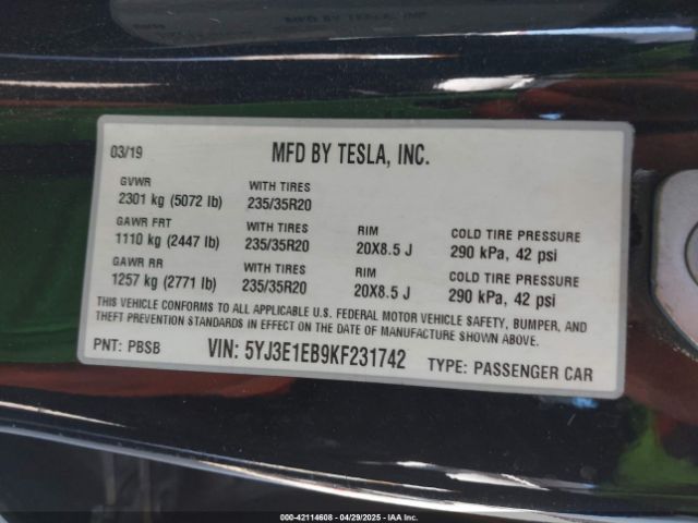 5YJ3E1EB9KF231742 Tesla Model 3 Long Range/performance