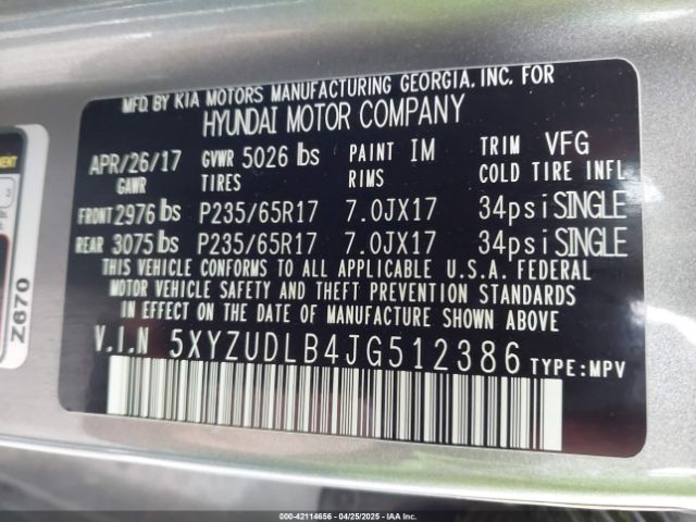 5XYZUDLB4JG512386 Hyundai Santa Fe Sport 2.4l