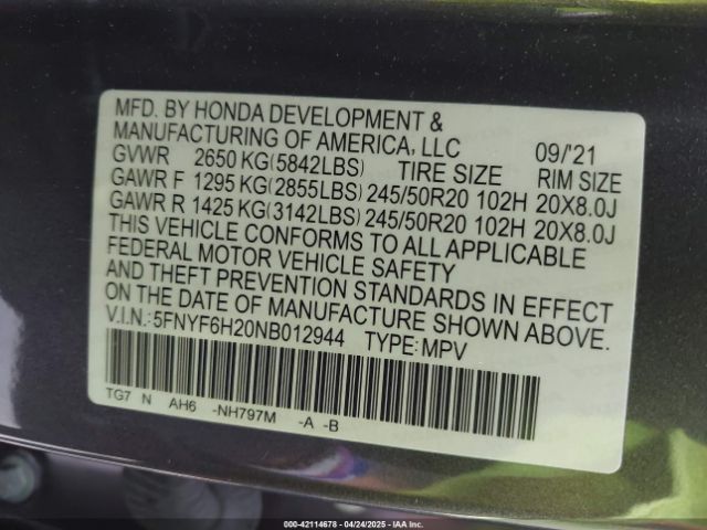 5FNYF6H20NB012944 Honda Pilot Awd Special Edition