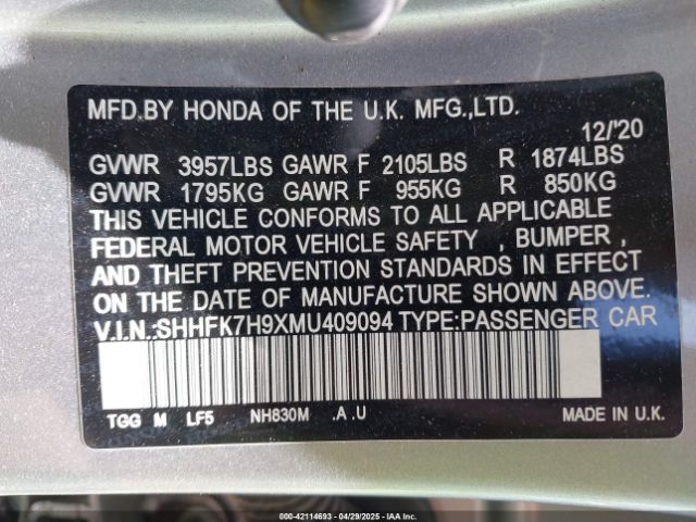 SHHFK7H9XMU409094 Honda Civic Sport Touring