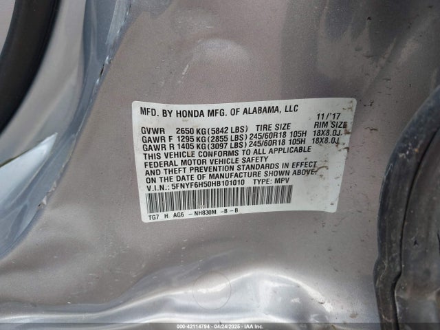 5FNYF6H50HB101010 Honda Pilot Ex-l