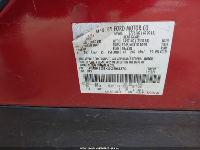1FM5K7D8XGGB62370 Ford EXPLORER XLT