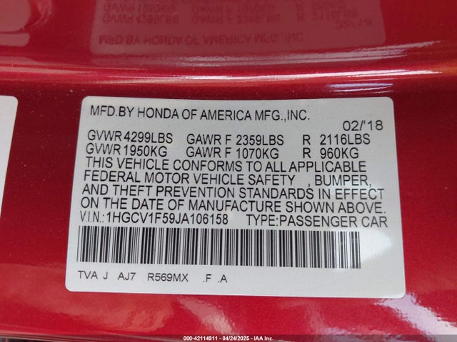 1HGCV1F59JA106158 Honda Accord Ex-l