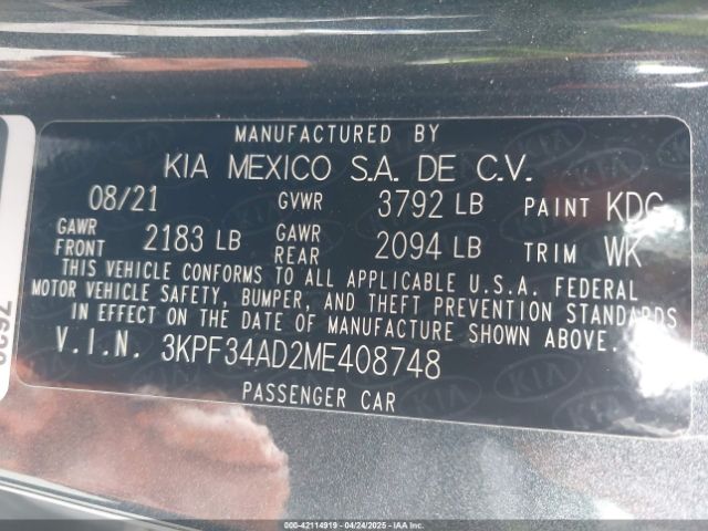 3KPF34AD2ME408748 KIA Forte Gt-line