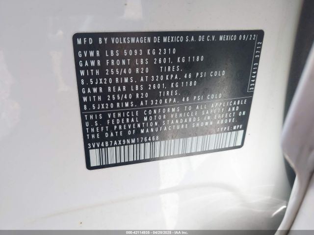3VV4B7AX9NM176468 Volkswagen Tiguan 2.0t Sel R-line