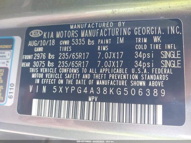 5XYPG4A38KG506389 KIA Sorento 2.4l Lx
