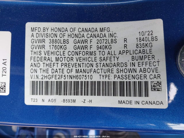 2HGFE2F51NH607510 Honda k20c2