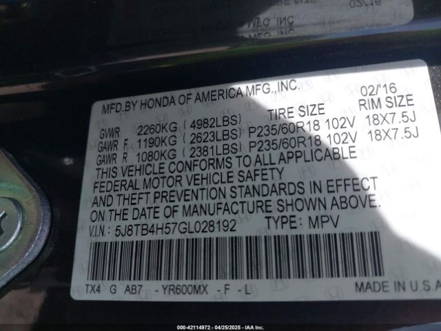 5J8TB4H57GL028192 Acura Rdx Technology   Acurawatch Plus Packages/technology Package