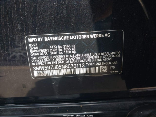 3MW5R7J05N8C70113 BMW 330I