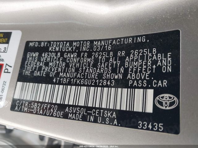 4T1BF1FK6GU212843 Toyota CAMRY SE