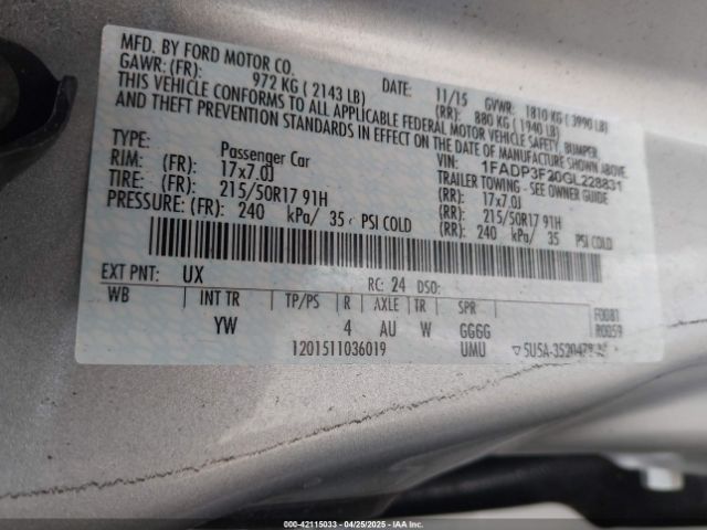 1FADP3F20GL228831 Ford FOCUS SE
