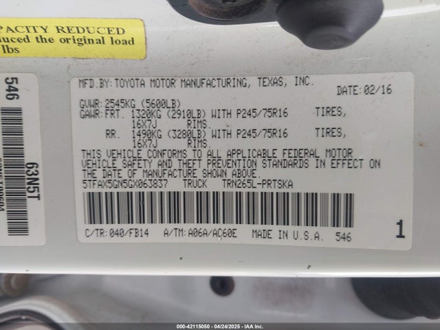 5TFAX5GN5GX063837 Toyota Tacoma Sr
