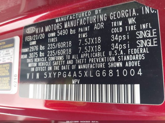5XYPG4A5XLG681004 KIA Sorento 3.3l Lx