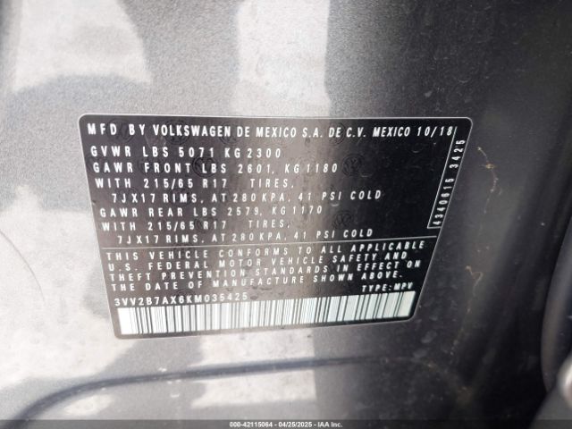 3VV2B7AX6KM035425 Volkswagen Tiguan 2.0t Se/2.0t Sel/2.0t Sel R-line/2.0t Sel R-line Black
