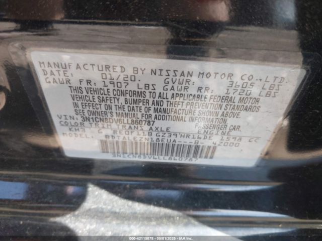 3N1CN8DV6LL860787 Nissan Versa S Xtronic Cvt
