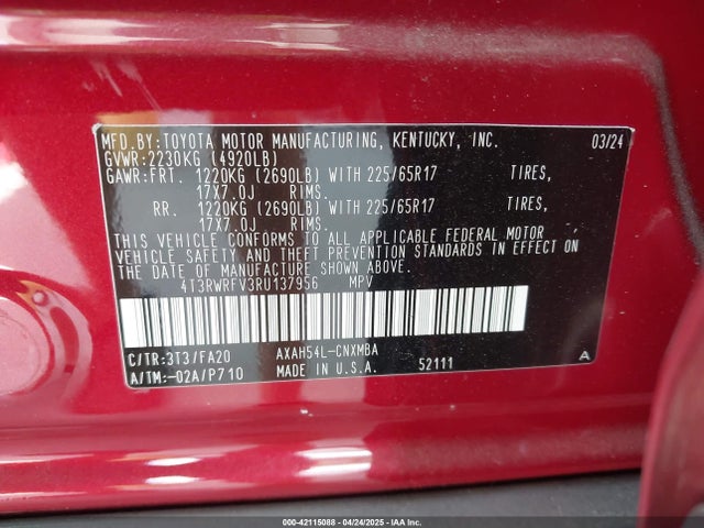 4T3RWRFV3RU137956 Toyota Rav4 Hybrid Xle