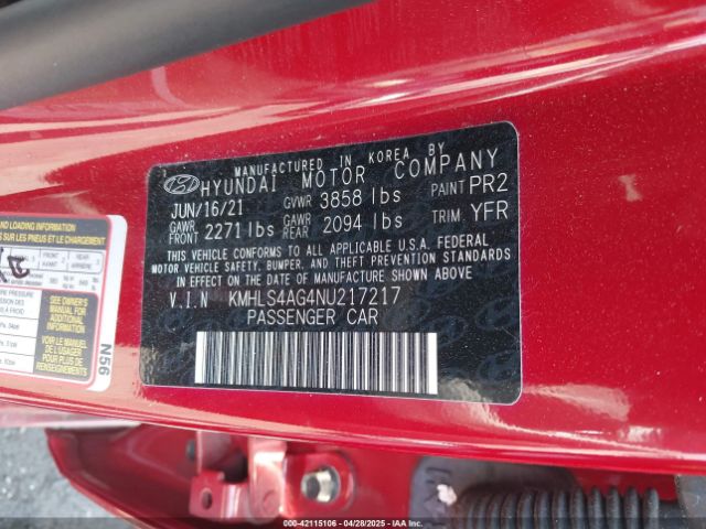 KMHLS4AG4NU217217 Hyundai ELANTRA SEL