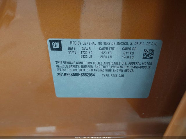 3G1BE6SM0HS562054 Chevrolet Cruze Lt Auto