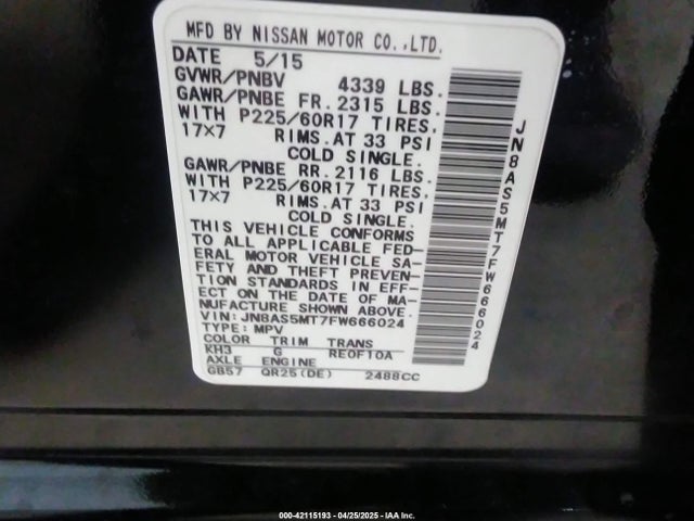 42115193 :رقم المزاد ، JN8AS5MT7FW666024 vin ، 2015 Nissan Rogue Select S مزاد بيع