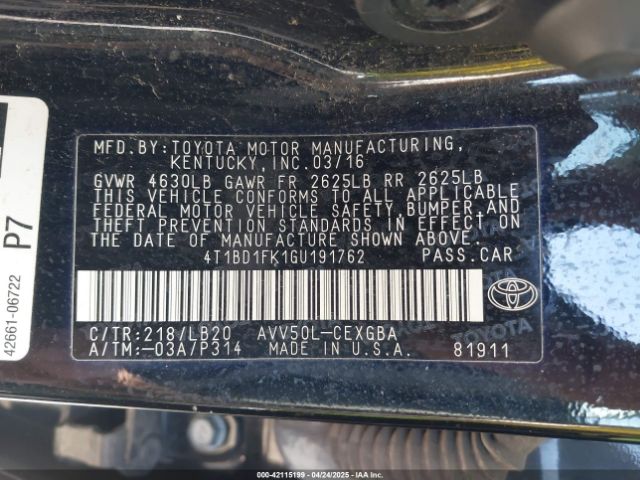 4T1BD1FK1GU191762 Toyota Camry Hybrid Xle