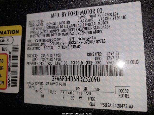 3FA6P0HD6HR252690 Ford FUSION SE