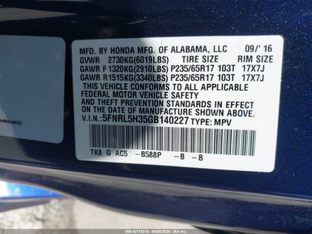 5FNRL5H35GB140227 Honda ODYSSEY SE