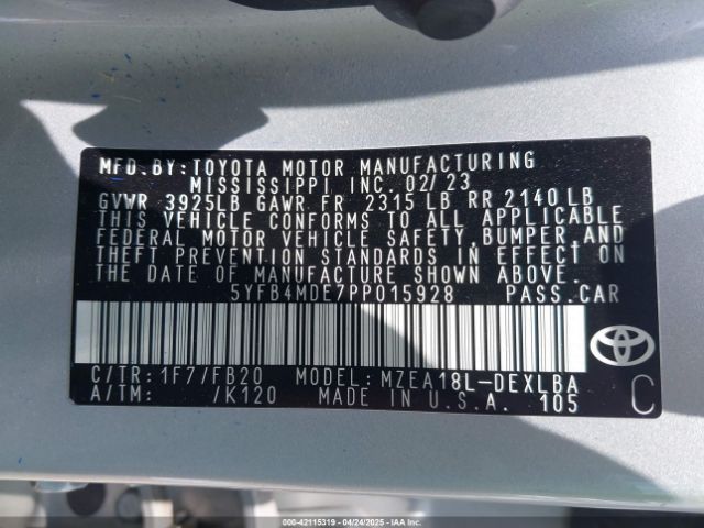 5YFB4MDE7PP015928 Toyota COROLLA LE
