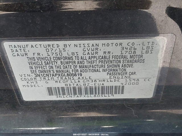 3N1CN7APXGL805619 Nissan Versa 1.6 S/1.6 S+/1.6 Sl/1.6 Sv