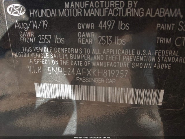 5NPE24AFXKH819257 Hyundai SONATA SE