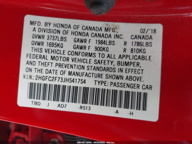 2HGFC2F73JH541754 Honda CIVIC EX