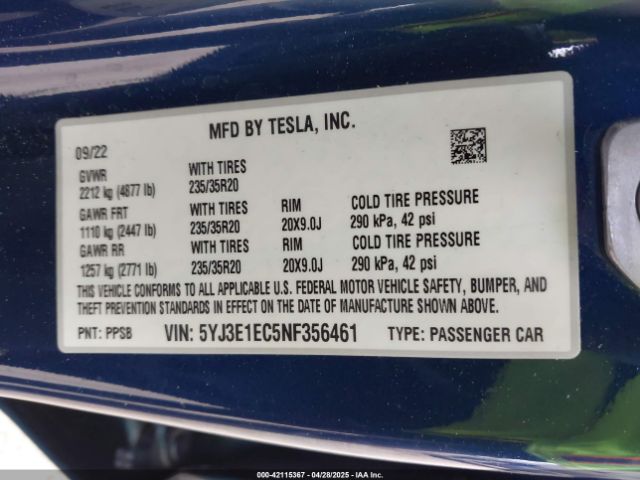 5YJ3E1EC5NF356461 Tesla Model 3 Performance Dual Motor All-wheel Drive