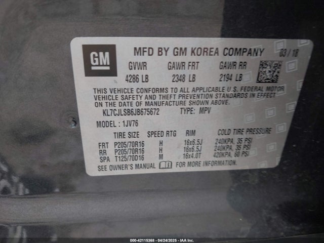 KL7CJLSB6JB675672 Chevrolet Trax Lt