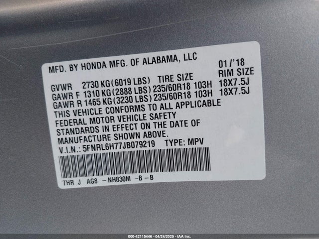 5FNRL6H77JB079219 Honda Odyssey Ex-l
