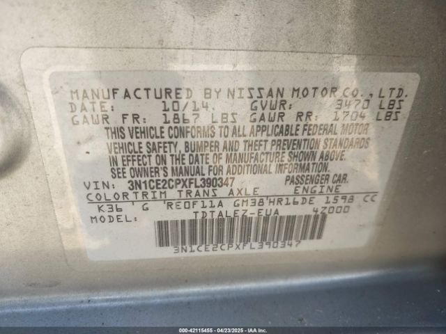 3N1CE2CPXFL390347 Nissan Versa Note Sl