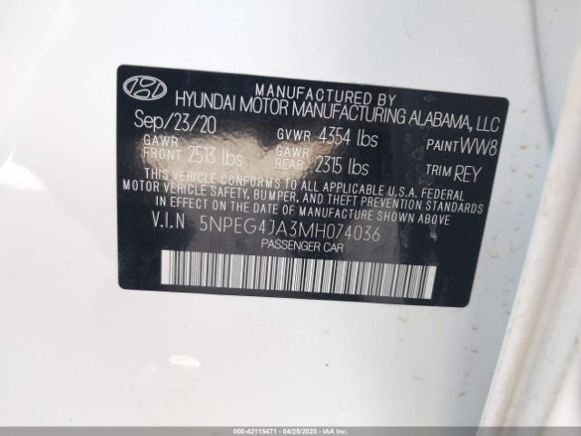 5NPEG4JA3MH074036 Hyundai SONATA SE
